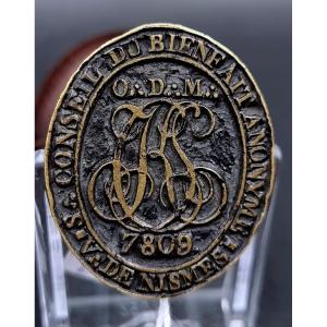 Bronze Seal Of The Masonic Lodge Of Nîmes, Council Of Anonymous Benevolence, Sv Of Nîmes 