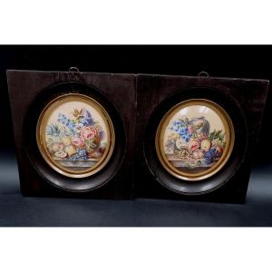 paire de miniatures nature morte aux fruits et fleurs sur un entablement époque XIXe siècle