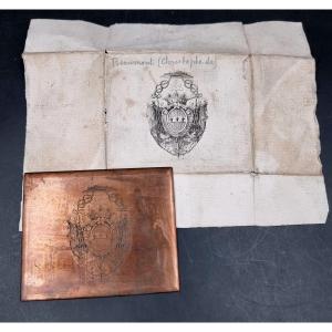 Plaque Matrice Cuivre Ex Libris Aux Armoiries de Christophe de Beaumont 