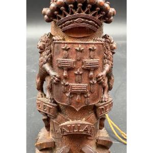 Wooden Pipe Carved With The Belgian Van Der Burch Family Coat Of Arms And Motto, With Silver Tr