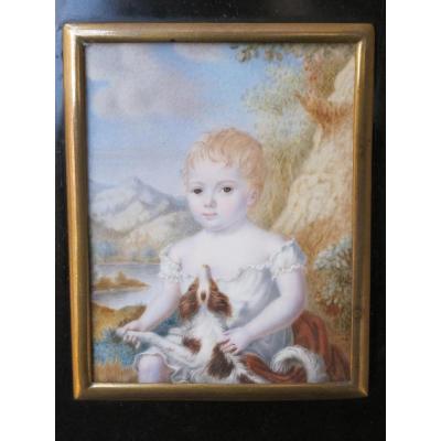 Large Miniature On Ivory Child And His Dog Background Landscape XIX Century