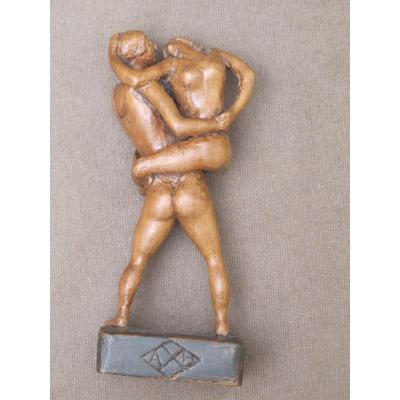 Statuette Bois Fruitier Couple S'enlaçant Cirque Danse Contorsionniste Signée Axb