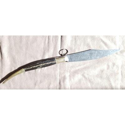 Very Large Navaja Type Folding Knife In Horn And Brass Engraved Blade Length 58.5 Cm Open