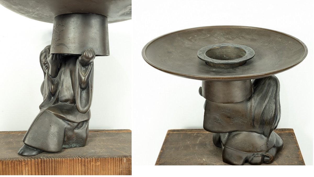 Figure In Kimono Carrying A Cup - Tea Ceremony - Bronze Showa 1950-70 #374-photo-3