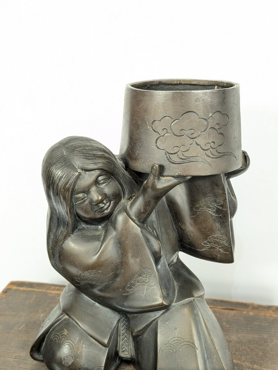 Figure In Kimono Carrying A Cup - Tea Ceremony - Bronze Showa 1950-70 #374-photo-5