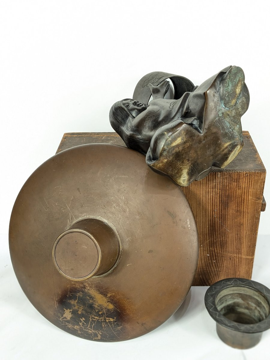 Figure In Kimono Carrying A Cup - Tea Ceremony - Bronze Showa 1950-70 #374-photo-7