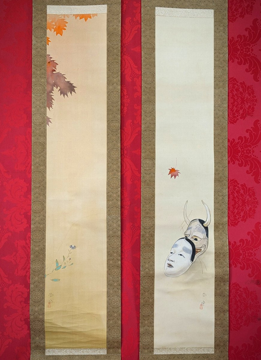 Noh Mask Painted Scrolls - Demon Changed Into Woman - By Eitatsu Koyama 1880-1945 - Japan #288-photo-3