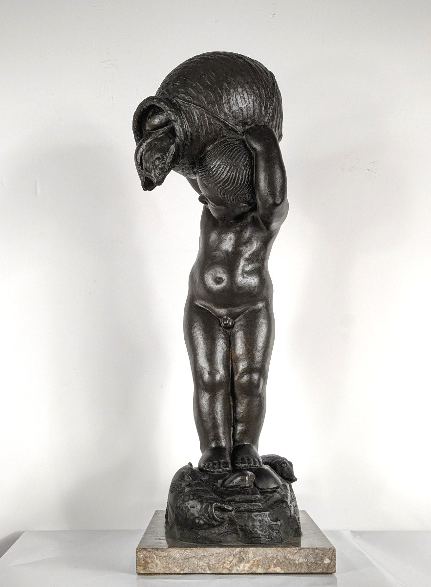 Return From Fishing - Putto With Fish - Bronze 58cm Art Deco 1930 - #373-photo-2