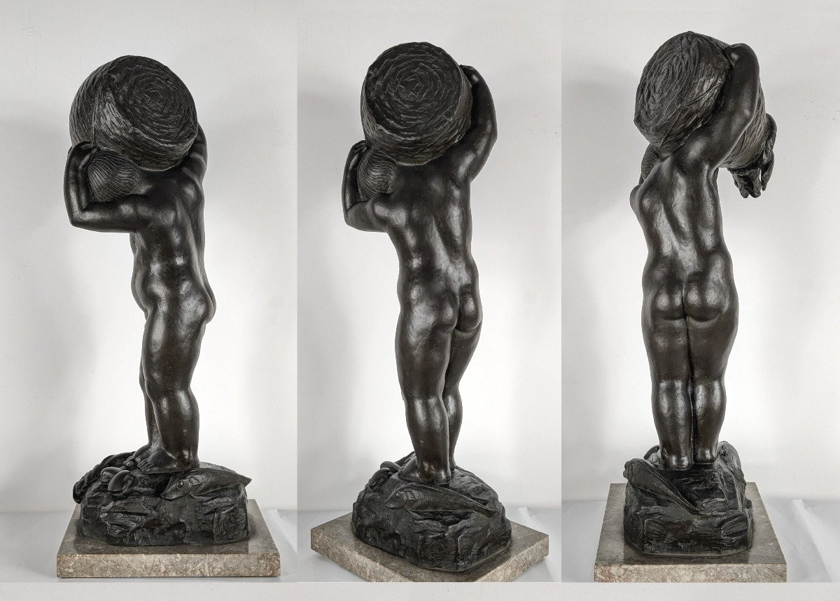 Return From Fishing - Putto With Fish - Bronze 58cm Art Deco 1930 - #373-photo-2