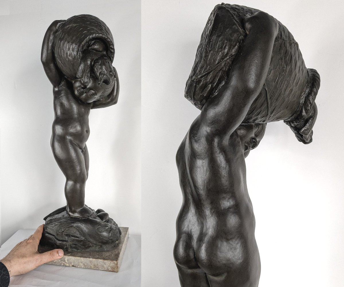 Return From Fishing - Putto With Fish - Bronze 58cm Art Deco 1930 - #373-photo-6