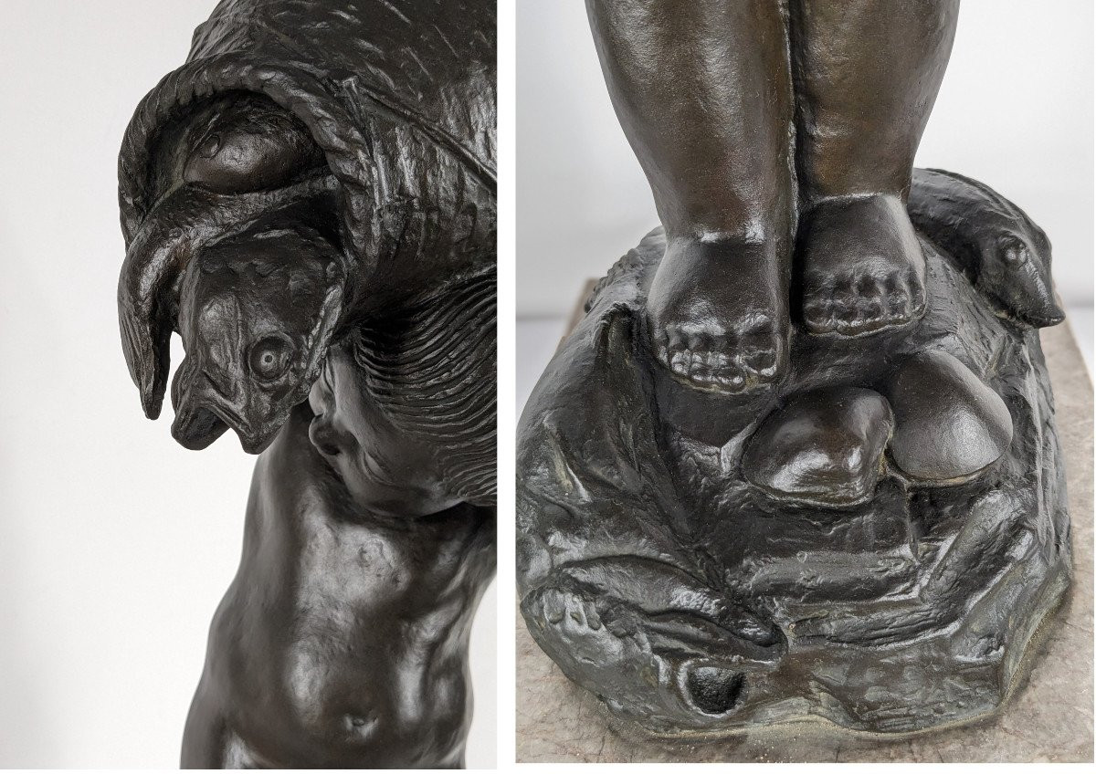 Return From Fishing - Putto With Fish - Bronze 58cm Art Deco 1930 - #373-photo-7