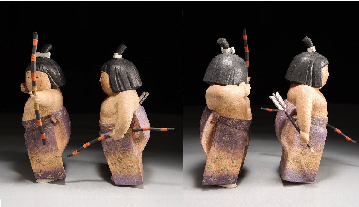 Sumo Archer Children (kudyo) - Carved Wood Circa 1970-80 #667-photo-4