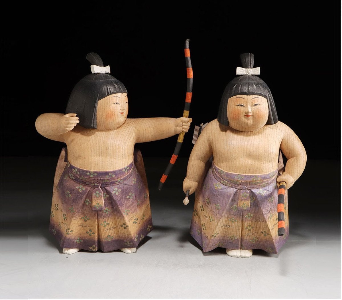 Sumo Archer Children (kudyo) - Carved Wood Circa 1970-80 #667-photo-1