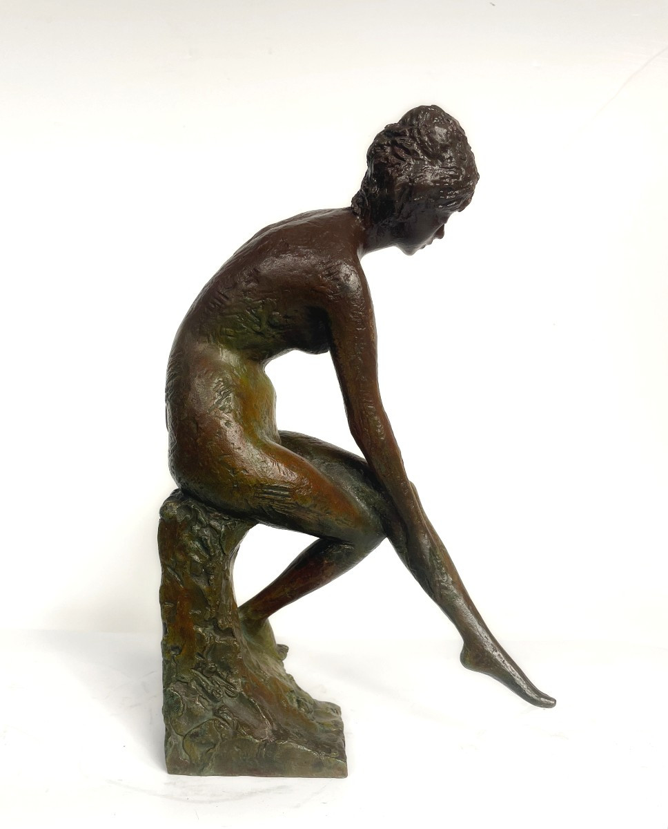 Small Nude At The Rock - Bronze Circa 1980 - Mitsutsune Miyamoto 1913-2001 #506-photo-2