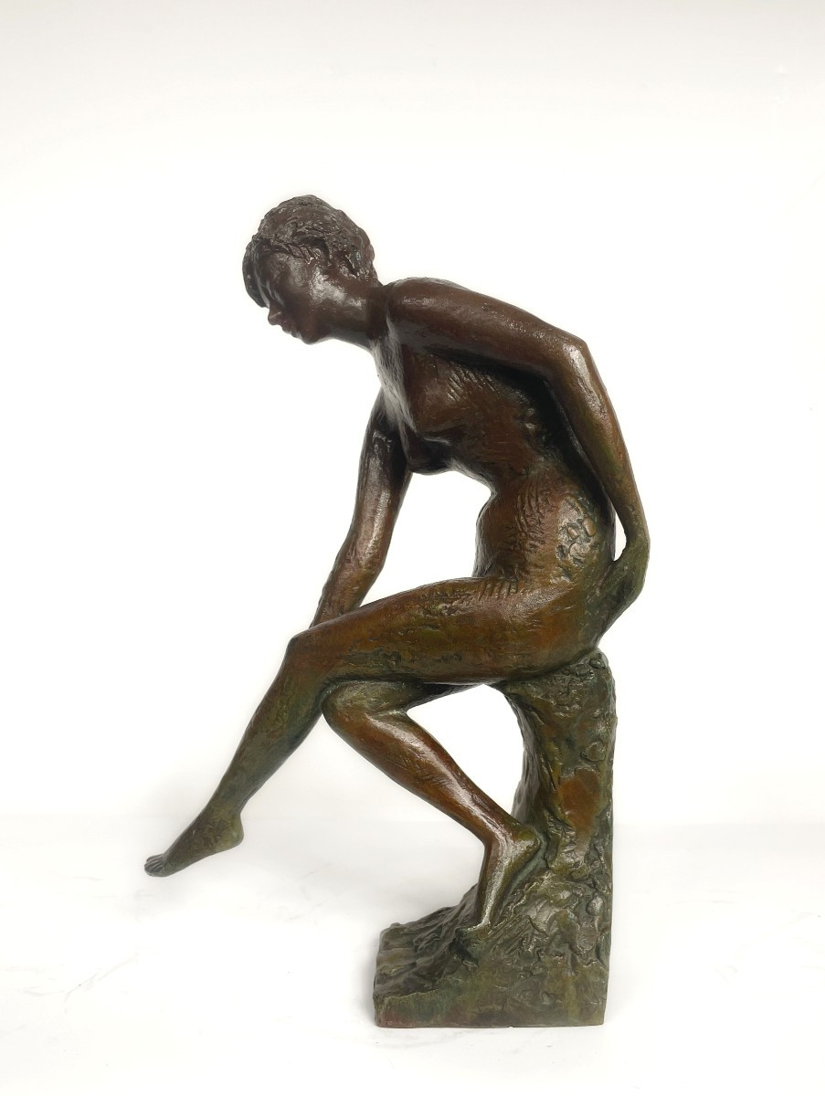 Small Nude At The Rock - Bronze Circa 1980 - Mitsutsune Miyamoto 1913-2001 #506