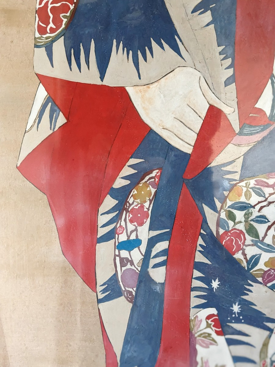 Japanese Woman In A Floral Kimono - 198 X 107 Cm Gouache - Circa 1970-photo-4