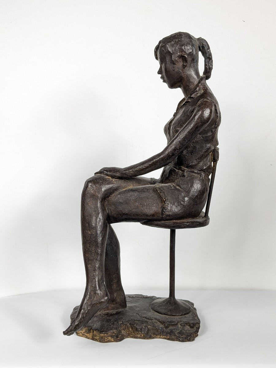 Pensive Young Girl. Bronze Circa 1970 By Hisahi Okemoto (born 1942). #666 -photo-1
