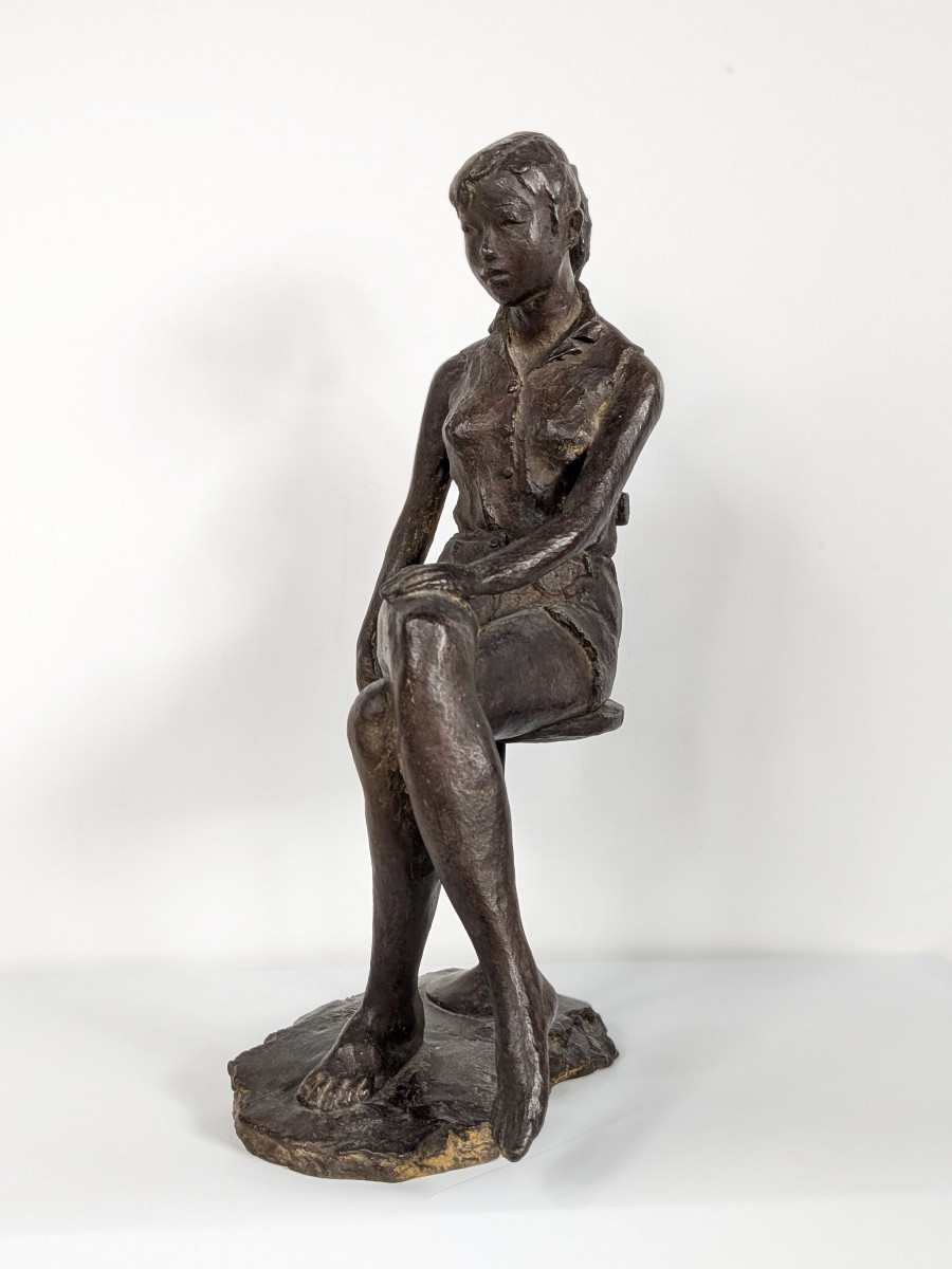 Pensive Young Girl. Bronze Circa 1970 By Hisahi Okemoto (born 1942). #666 -photo-6