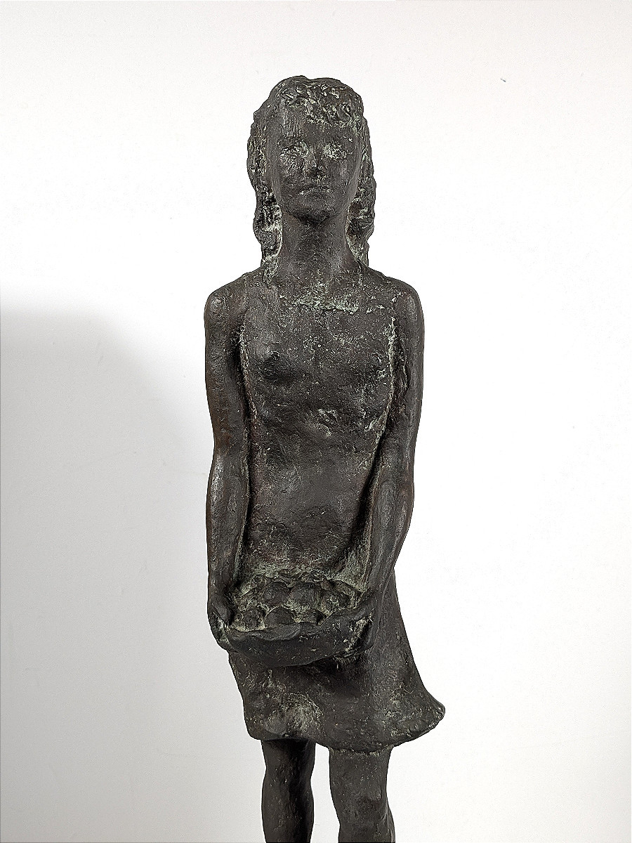 Young Girl With Basket - Bronze Circa 1950-60 #685-photo-3