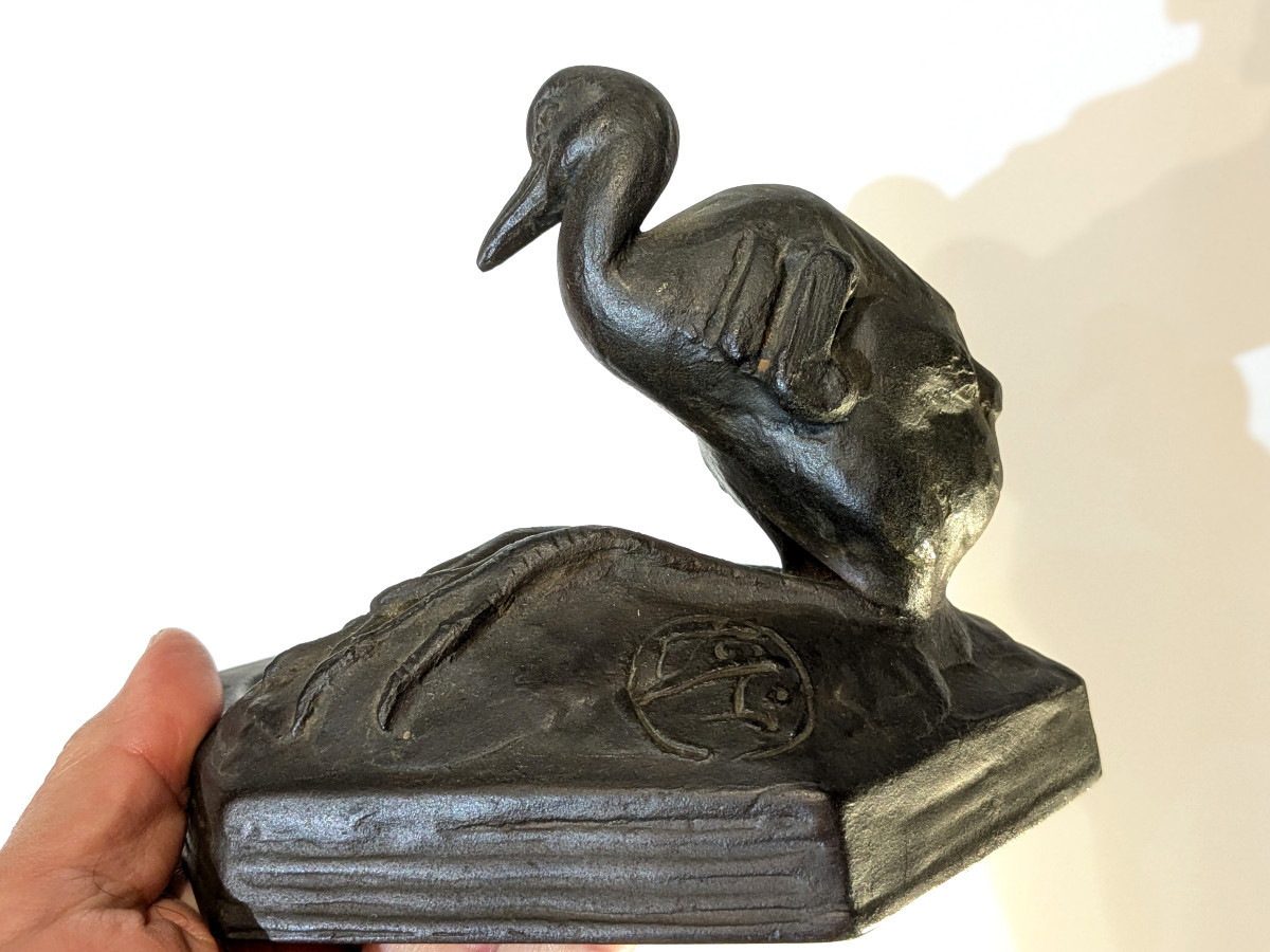 A Heron - Bronze 1930 By Uichiro Ogura 1881-1962 Japan #929-photo-5