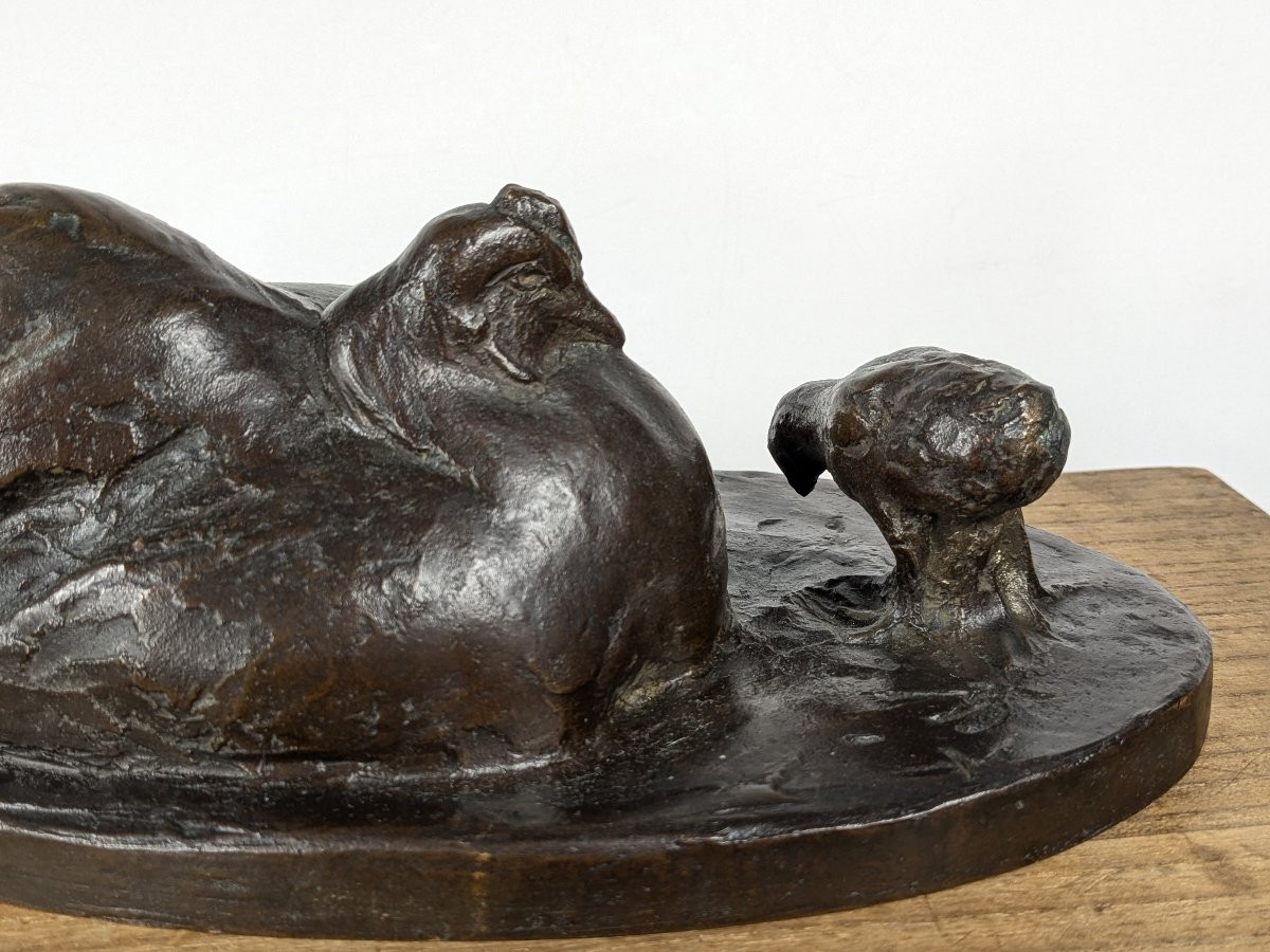 A Mother Hen And Chick - Bronze 1930 By Yuhachi Ikeda - 1886-1963 #852-photo-2