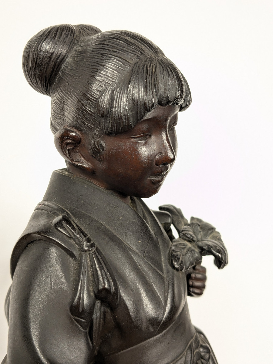 Young Girl With A Basket - Bronze, Late Meiji Or Taisho Period - Circa 1900-1920 #531-photo-3