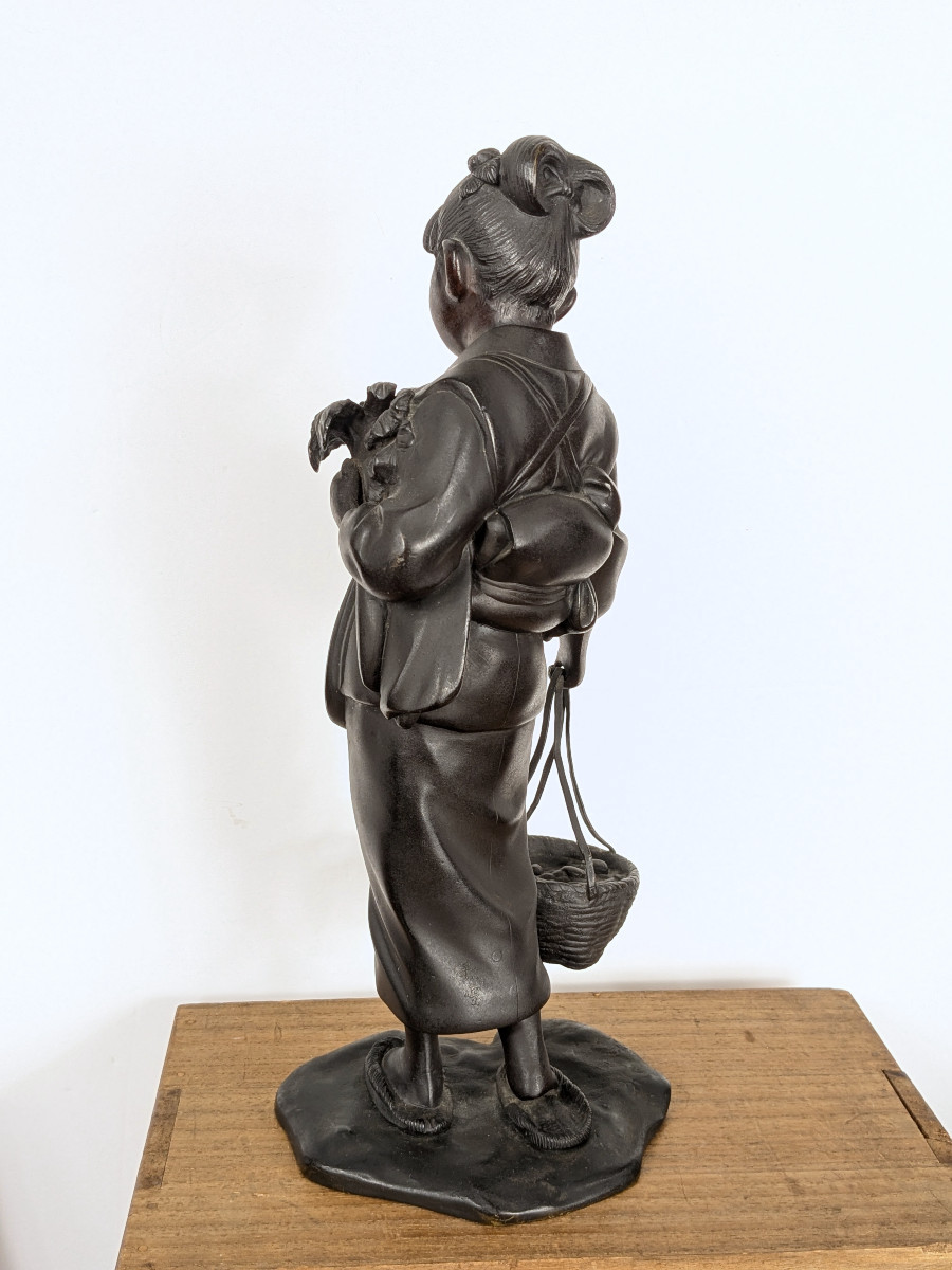 Young Girl With A Basket - Bronze, Late Meiji Or Taisho Period - Circa 1900-1920 #531-photo-5