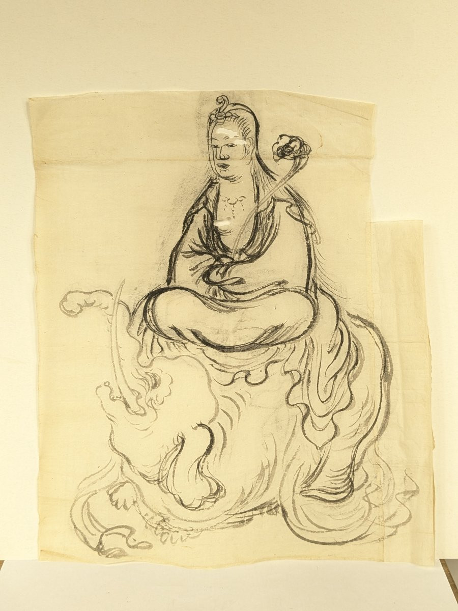 Set Of 5 Drawings On Silk Paper - Japan Circa 1900-photo-1