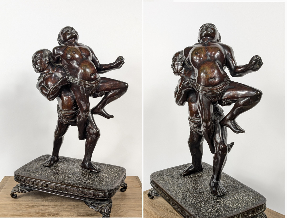 Les sumos - bronze okimono période Meiji Japon XIXe - dans l'esprit de Miyao Eisuke-photo-3