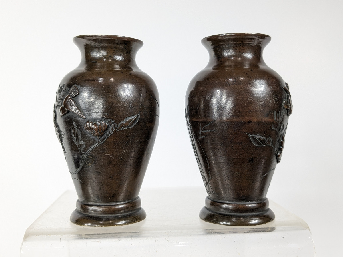 Pair Of Miniature Vases - Bronze Meiji Period-photo-2