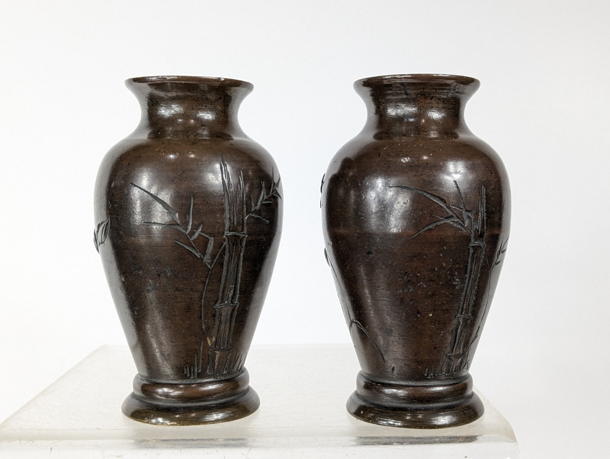 Pair Of Miniature Vases - Bronze Meiji Period-photo-3