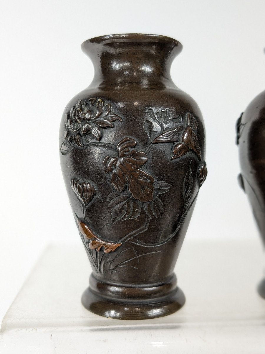Pair Of Miniature Vases - Bronze Meiji Period-photo-4