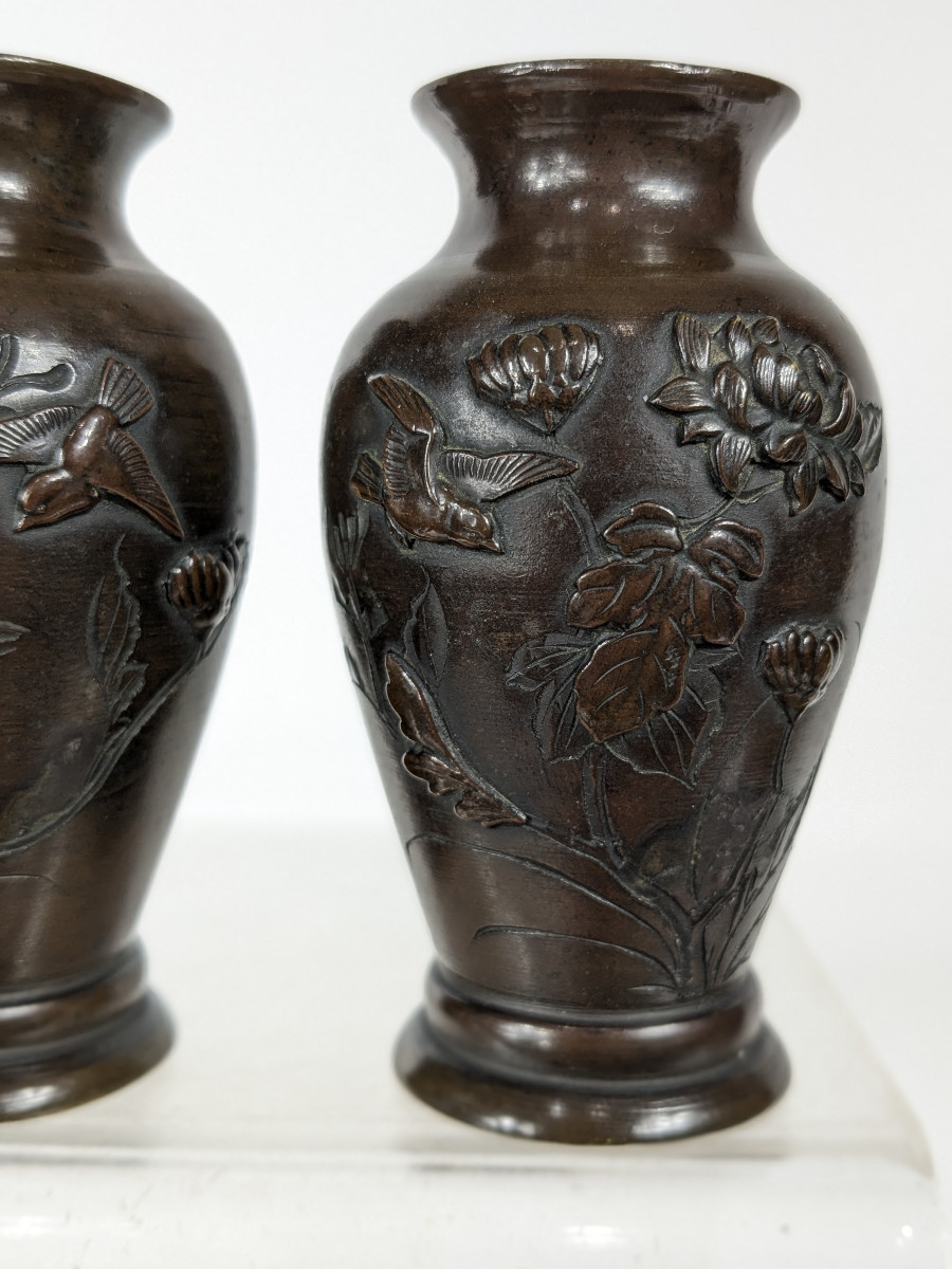 Pair Of Miniature Vases - Bronze Meiji Period-photo-1