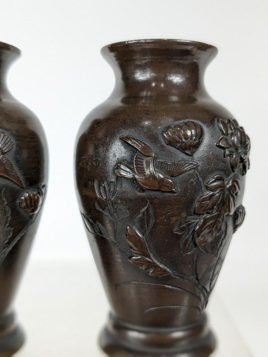 Pair Of Miniature Vases - Bronze Meiji Period-photo-2