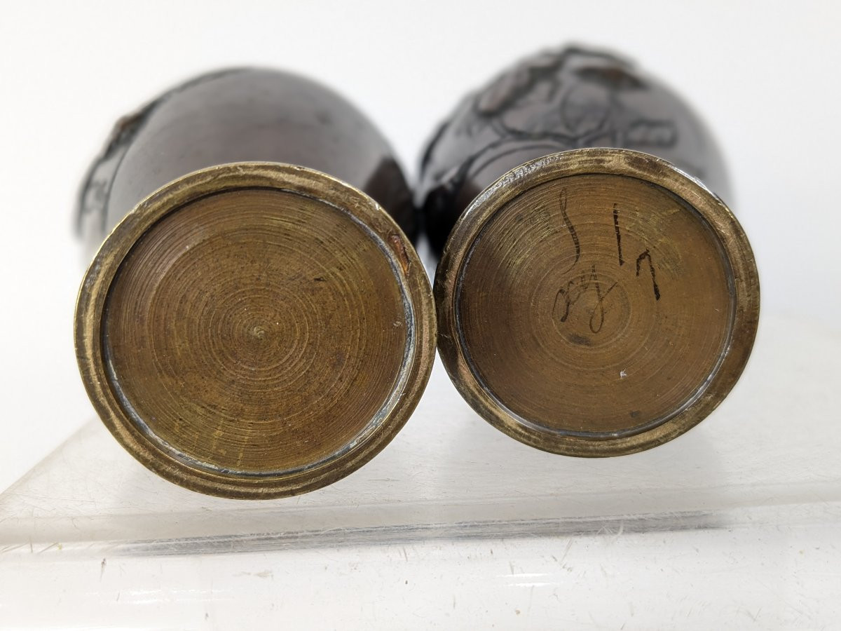 Pair Of Miniature Vases - Bronze Meiji Period-photo-5