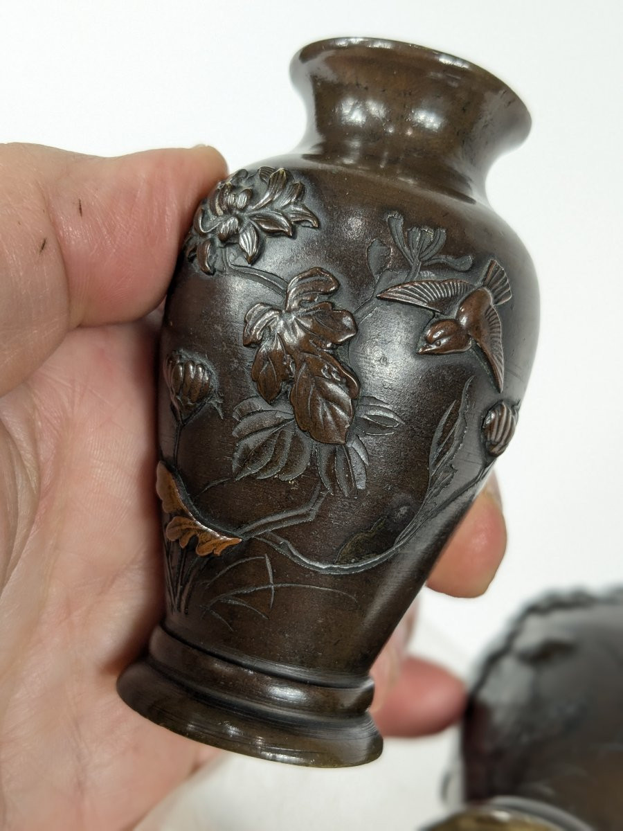Pair Of Miniature Vases - Bronze Meiji Period-photo-6