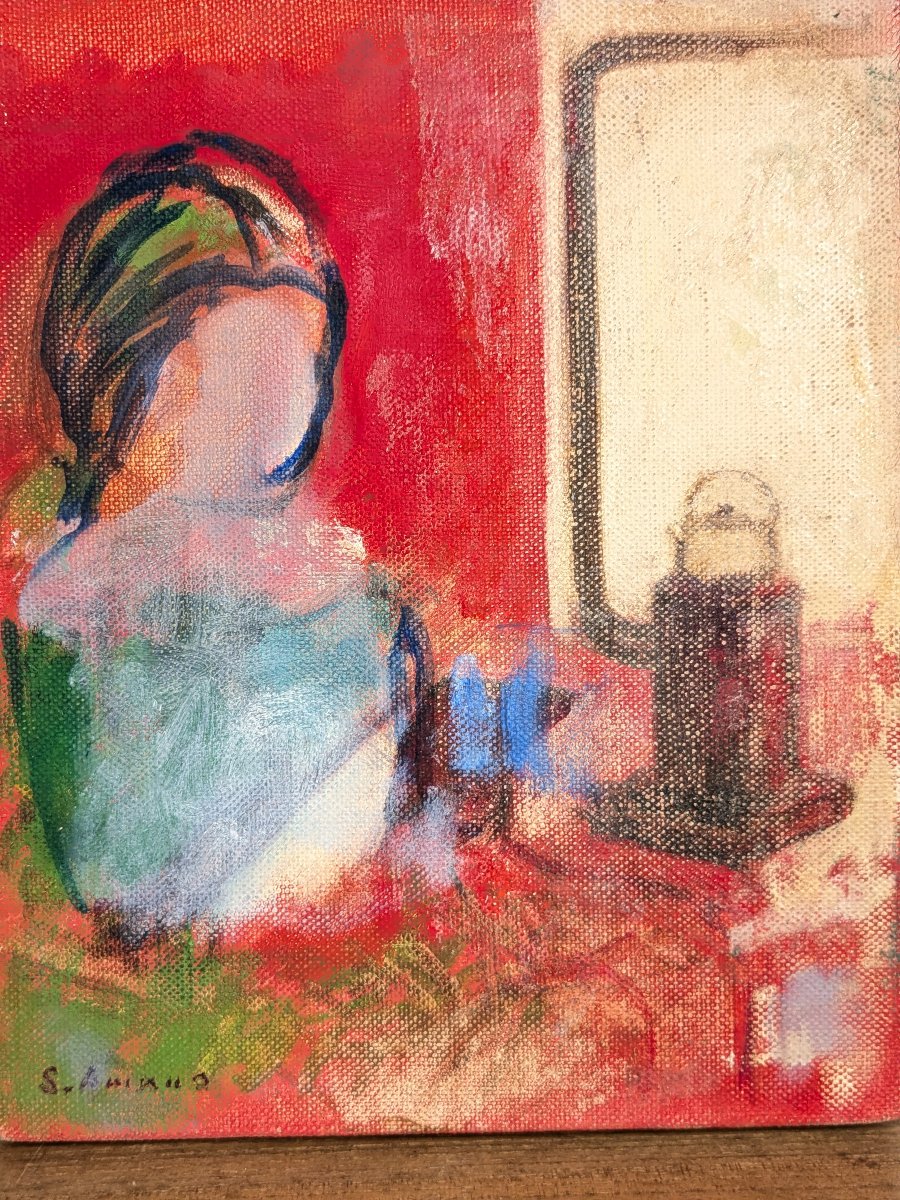 Intérieur rouge – huile sur toile, Saburō Amano (1919–2006) #203-photo-2