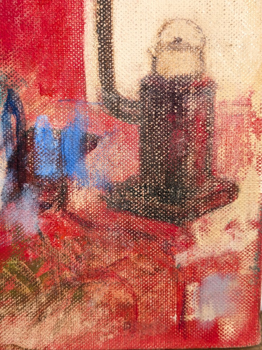 Intérieur rouge – huile sur toile, Saburō Amano (1919–2006) #203-photo-1