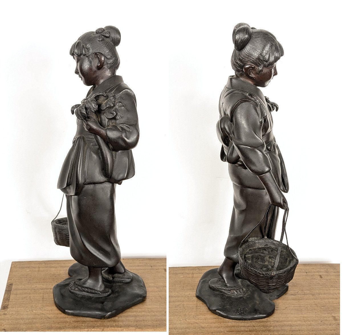 Jeune fille au panier d’anguilles - bronze fin ére Meiji ou Taisho - circa 1900-1920-photo-1
