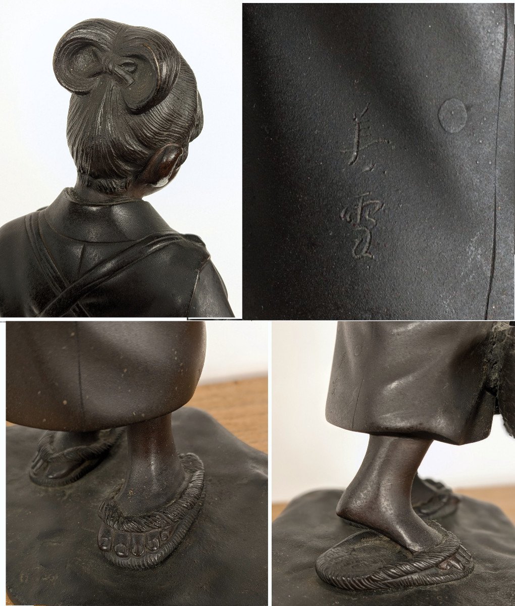 Jeune fille au panier d’anguilles - bronze fin ére Meiji ou Taisho - circa 1900-1920-photo-6
