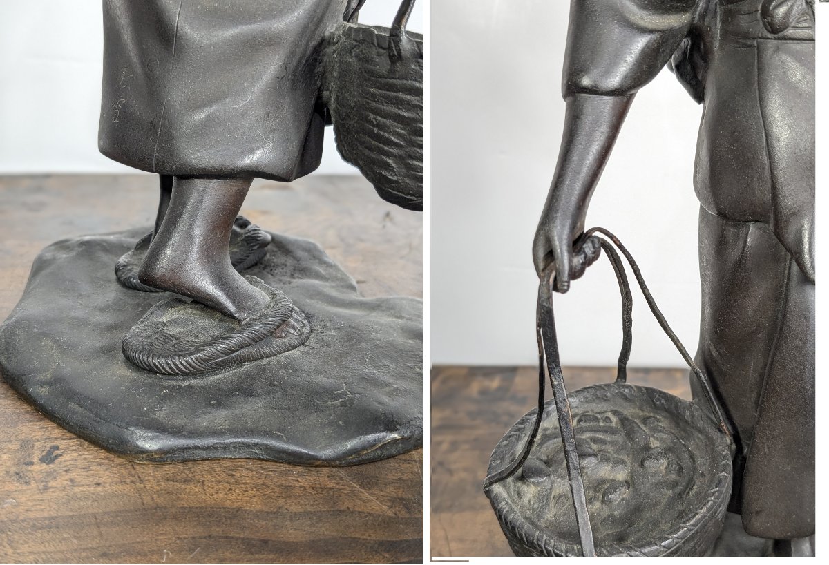Jeune fille au panier d’anguilles - bronze fin ére Meiji ou Taisho - circa 1900-1920-photo-8