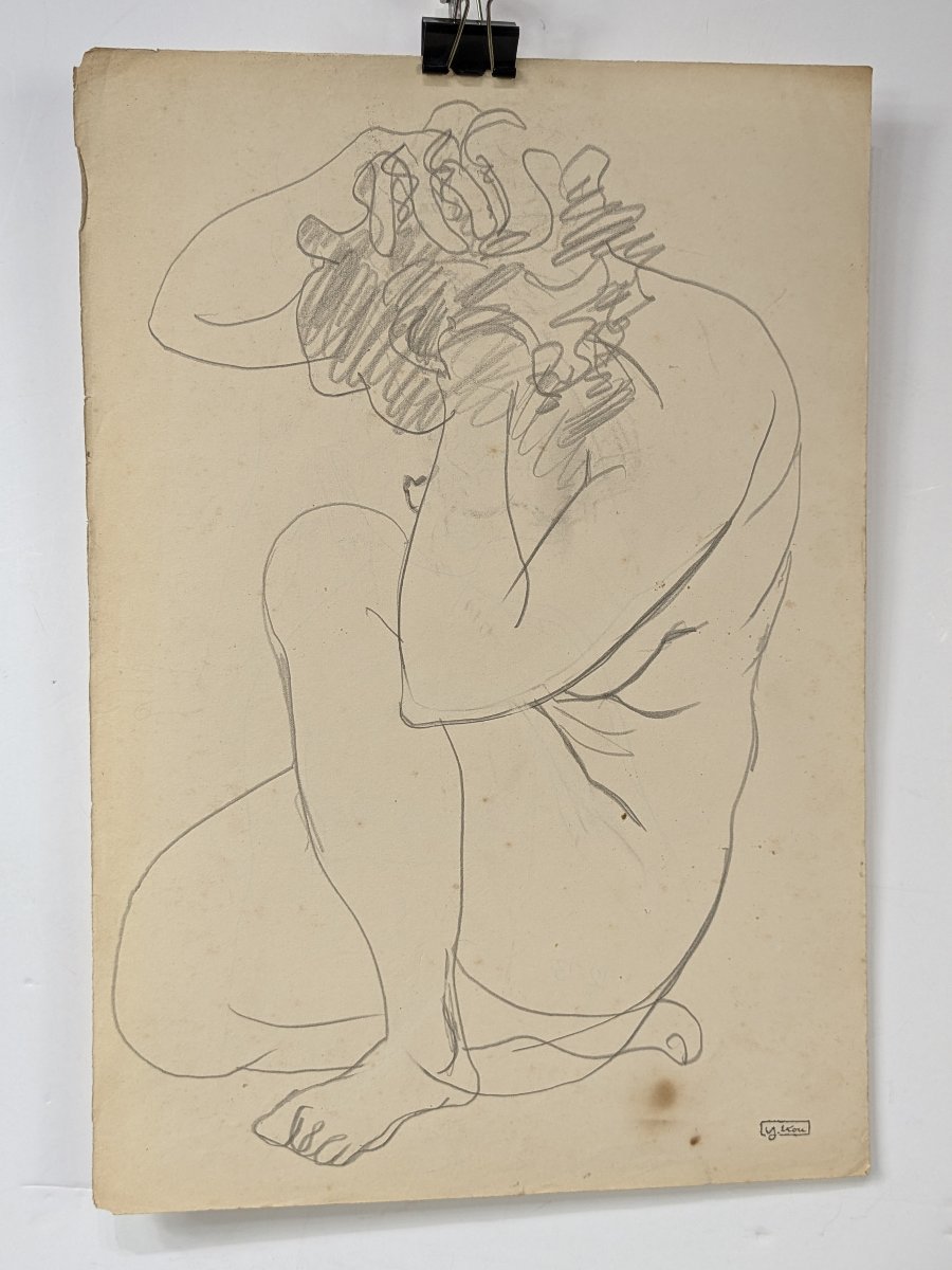 nu accroupi crayon circa 1930 - Kuroda Yoritsuna 1909 – 1998