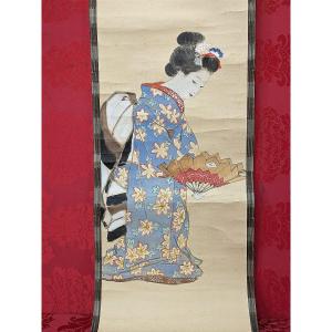 Geisha In Blue Kimono - Gouache Painted Kakemono - Japan Circa 1900 #280
