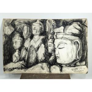 The Buddhas - Kagoshima City - Black Stone Drawing By Hidetake Higo 1930-2010 - No. 1