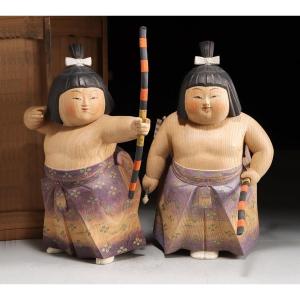 Enfants archers sumos ( kudyo) - bois sculpté circa 1970-80 #667