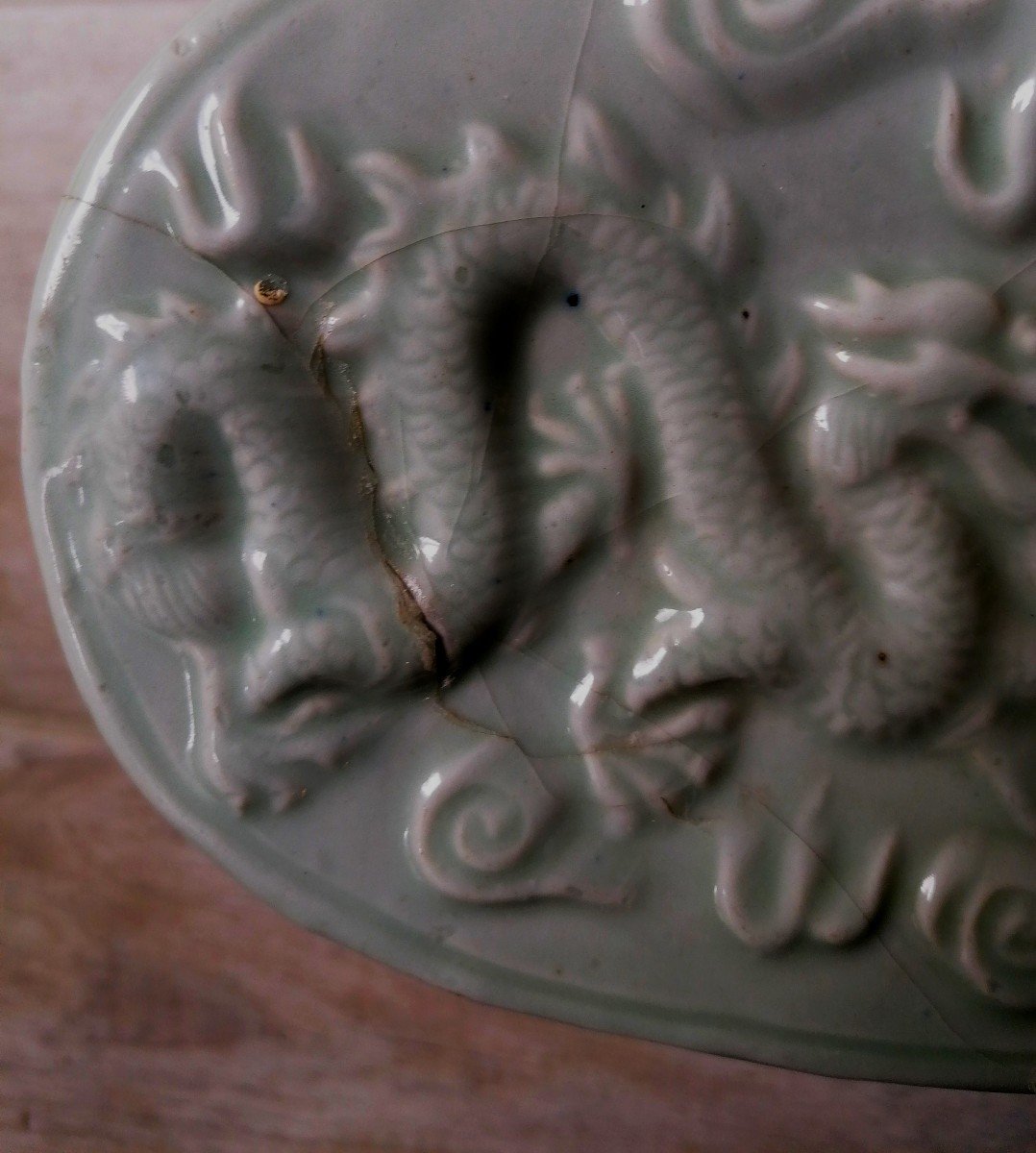 Headrest - China - Celadon - Decor With Dragons - Ducks - Fish And Stylized Patterns --photo-1