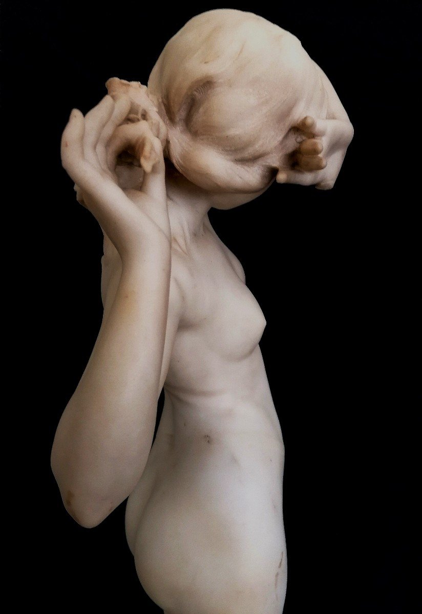 L. Felli - Sculpture En Marbre - Nymphe Debout Tenant Un Bouquet De Fleurs - Florence XIX-XX Em-photo-5