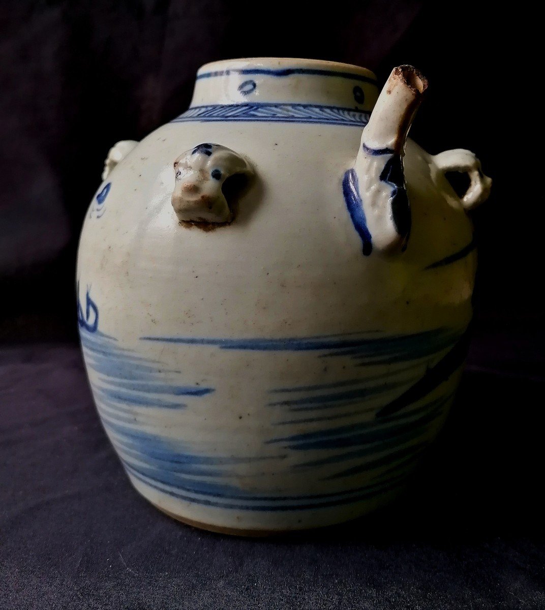 Chine-porcelaine Blanc-bleu - Pot A Vin - Décor Paysage Lacustre - XIX Eme Siècle --photo-3