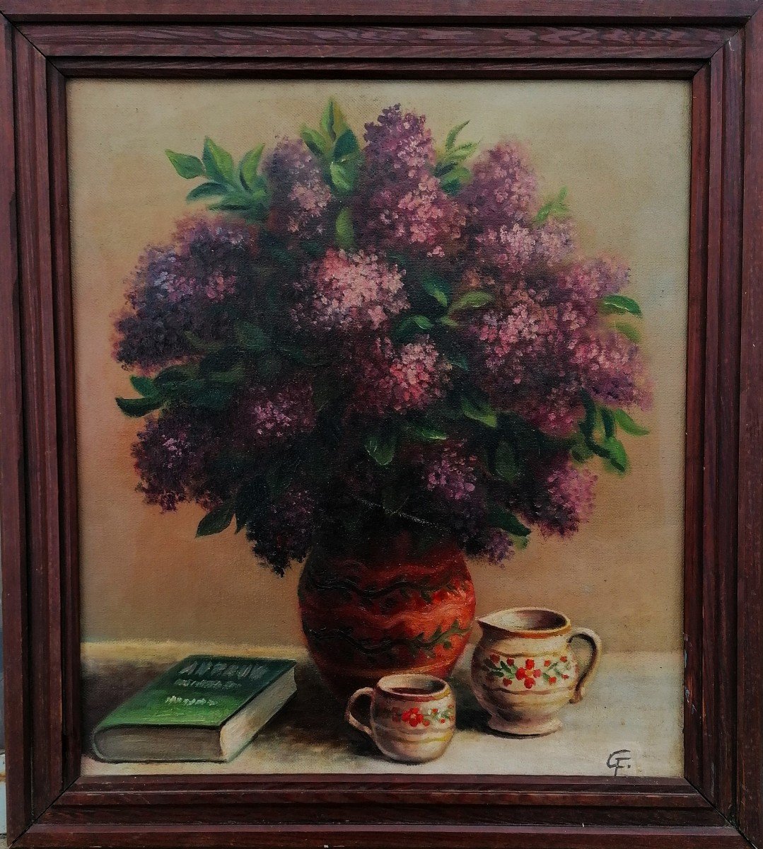 Oil On Canvas - Still Life With A Bouquet Of Lilacs - Monogram - XX Eme Century --photo-2