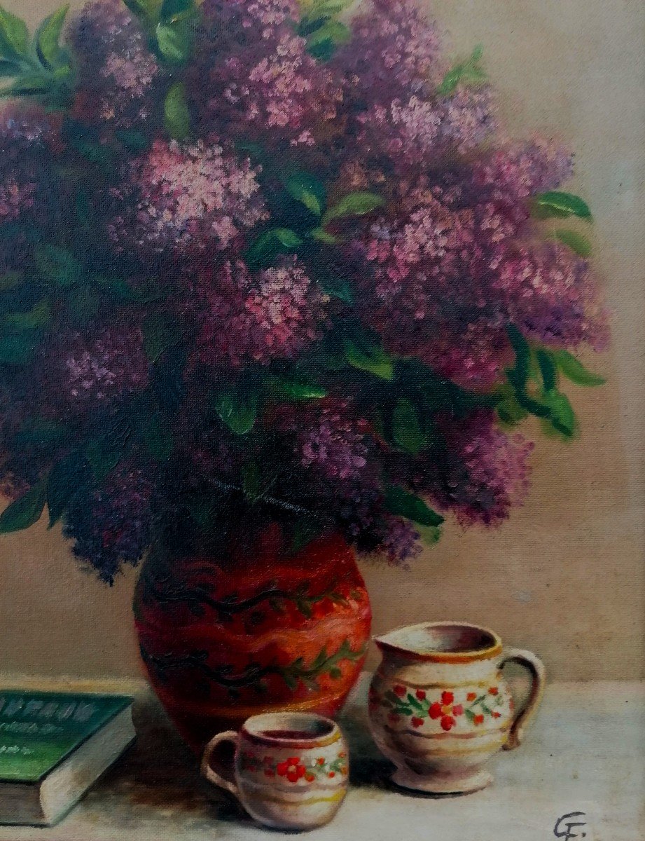 Oil On Canvas - Still Life With A Bouquet Of Lilacs - Monogram - XX Eme Century --photo-3